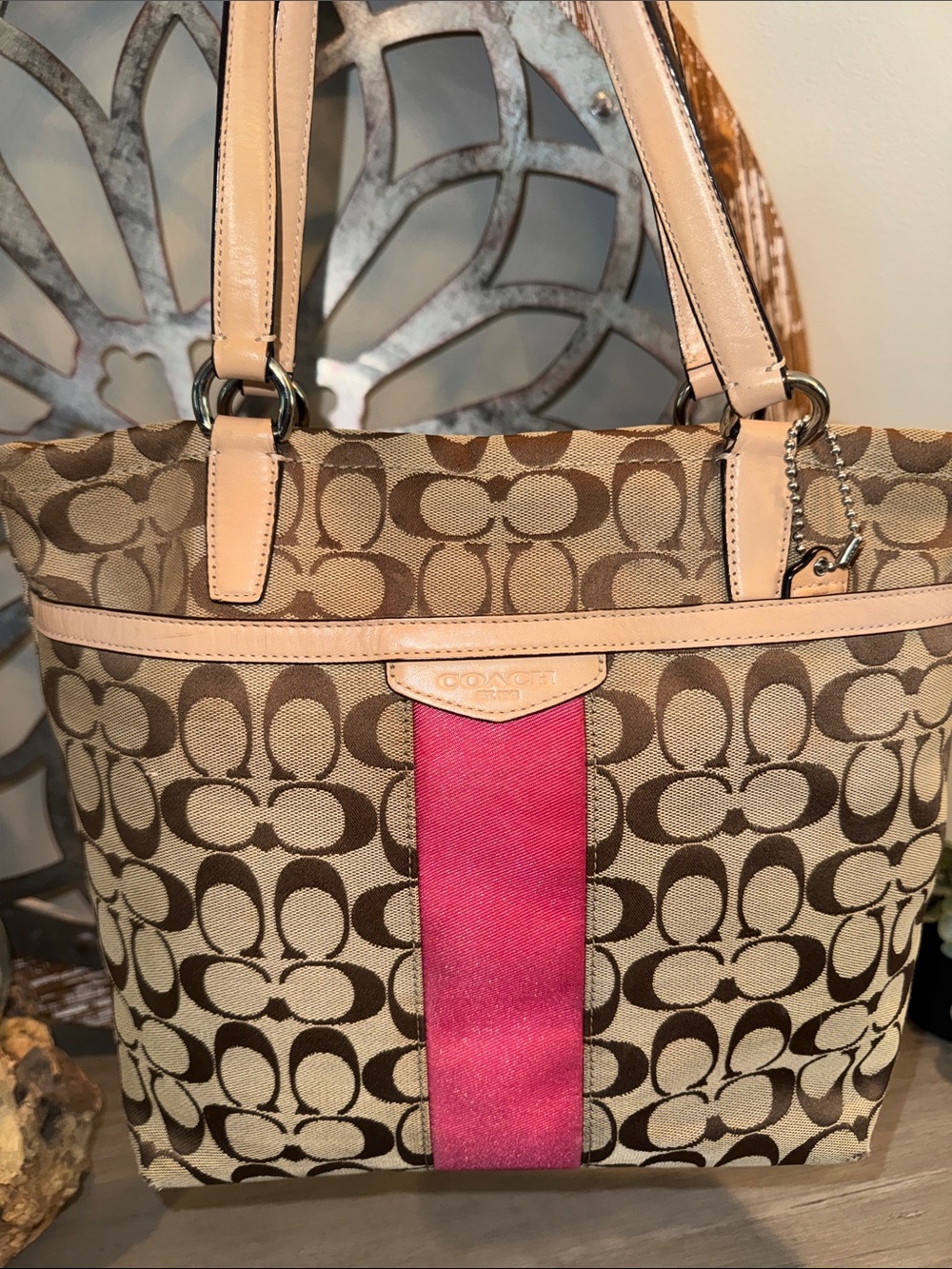 Coach Beige & Brown Signature Tote with Pink Center Stripe